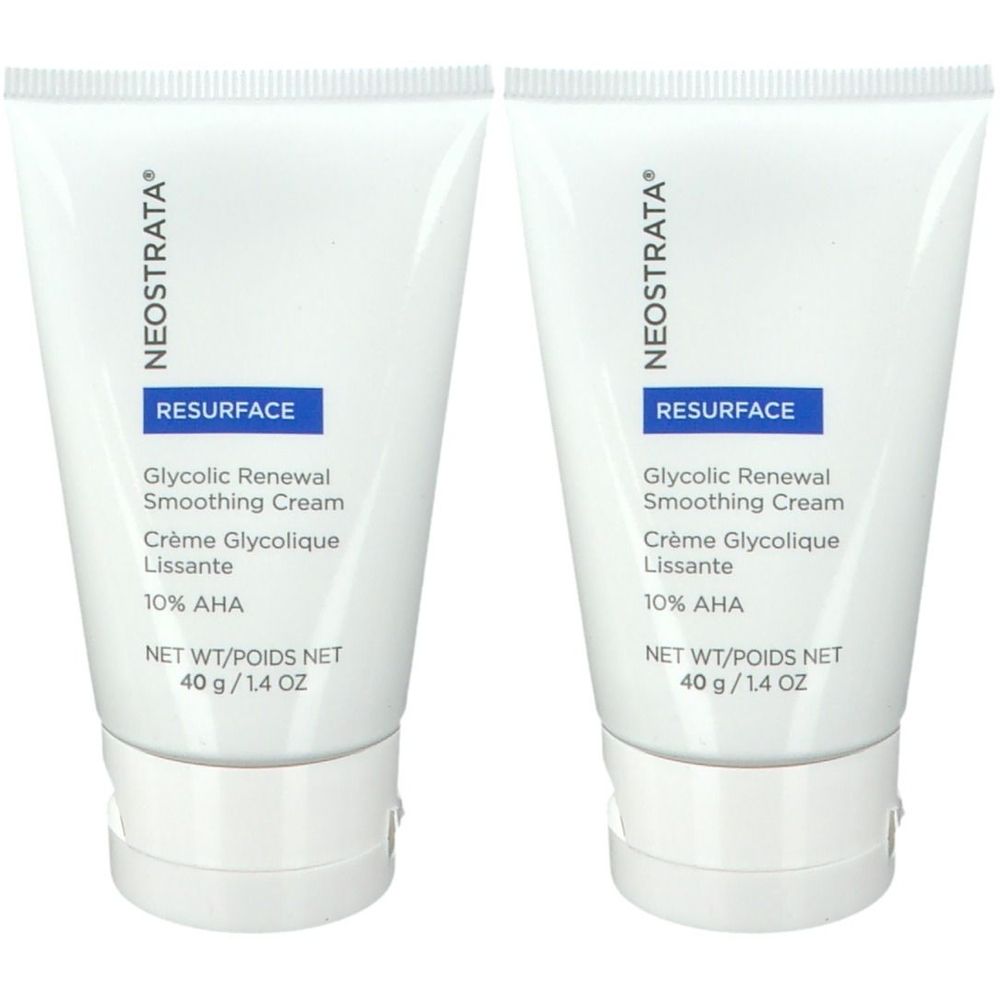 Twee witte tubes met witte doppen. Opschrift: NEOSTRATA, RESURFACE, Glycolic Renewal Smoothing Cream, 10% AHA.