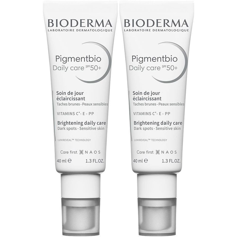 Deux tubes de Bioderma Pigmentbio Daily care SPF50+. Tubes blancs, texte gris. 40 ml.