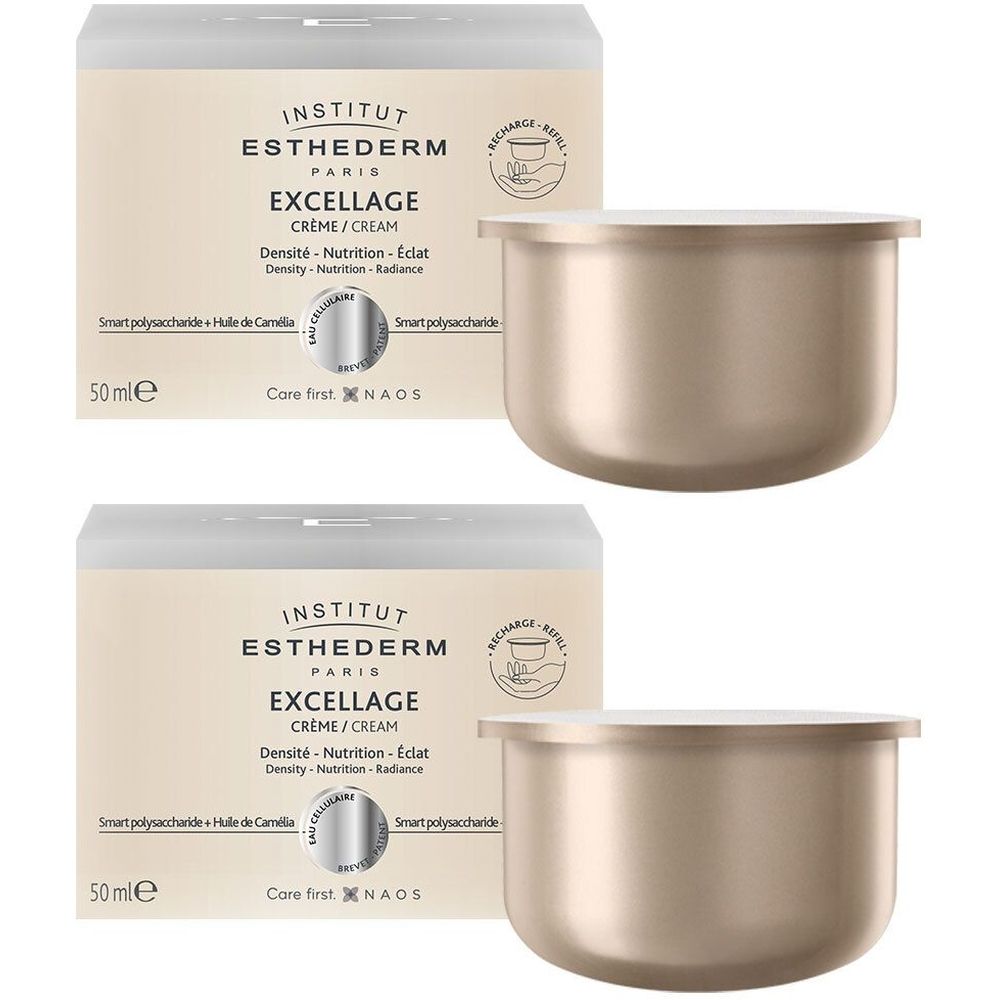 Twee crèmetubes met dozen. Op de dozen staat INSTITUT ESTHEDERM, EXCELLAGE CRÈME/CREAM. Op de tubes staat NAOS.