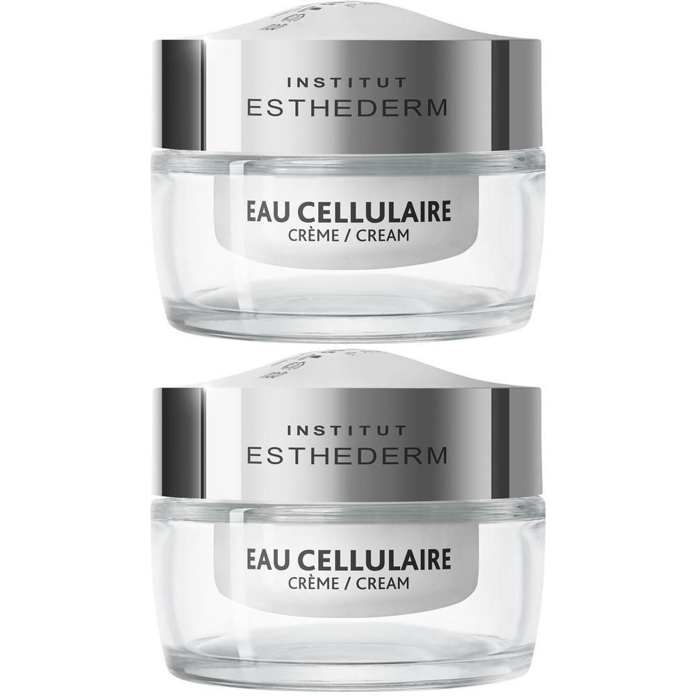 Twee glazen potjes met zilveren deksels. Opschrift: INSTITUT ESTHEDERM, EAU CELLULAIRE, Crème / Cream.