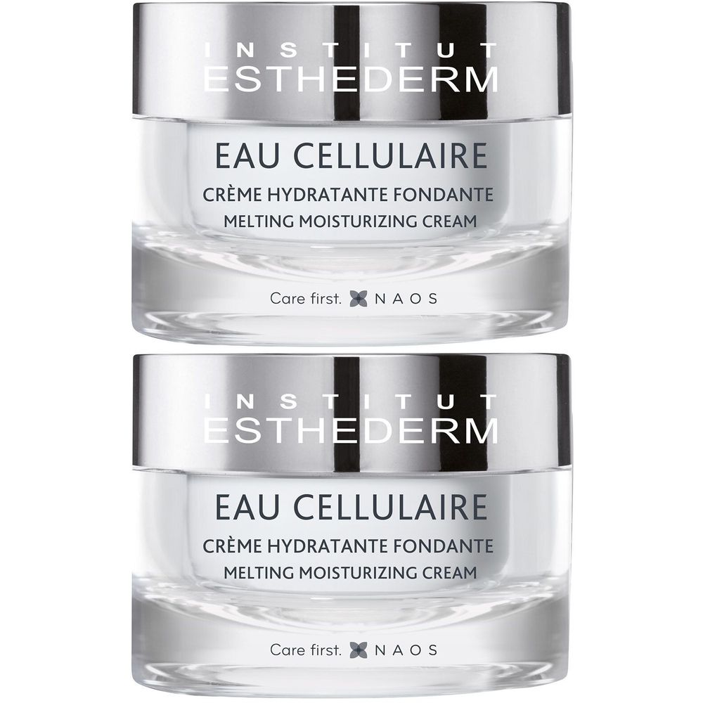 Twee glazen potjes met zilveren deksels. Opschrift: INSTITUT ESTHEDERM, EAU CELLULAIRE, Crème hydratante fondante, Melting Moisturizing Cream.
