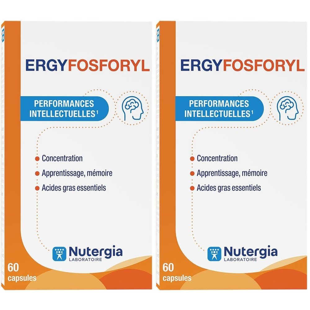 Twee dozen Nutergia Ergyfosforyl. Opschrift: Performances Intellectuelles, Concentratie, Leren, geheugen, essentiële vetzuren.
