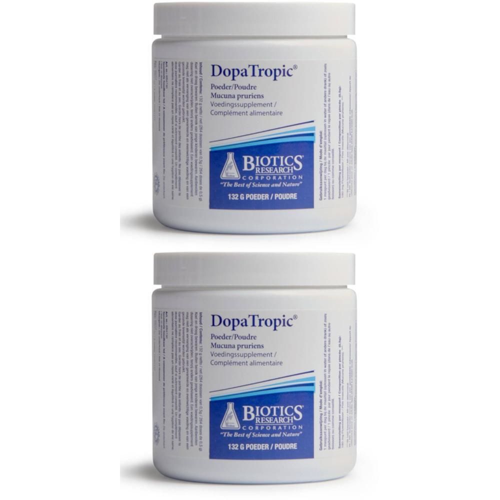 Deux contenants blancs de poudre DopaTropic® de Biotics Research. 132 g de poudre par contenant.