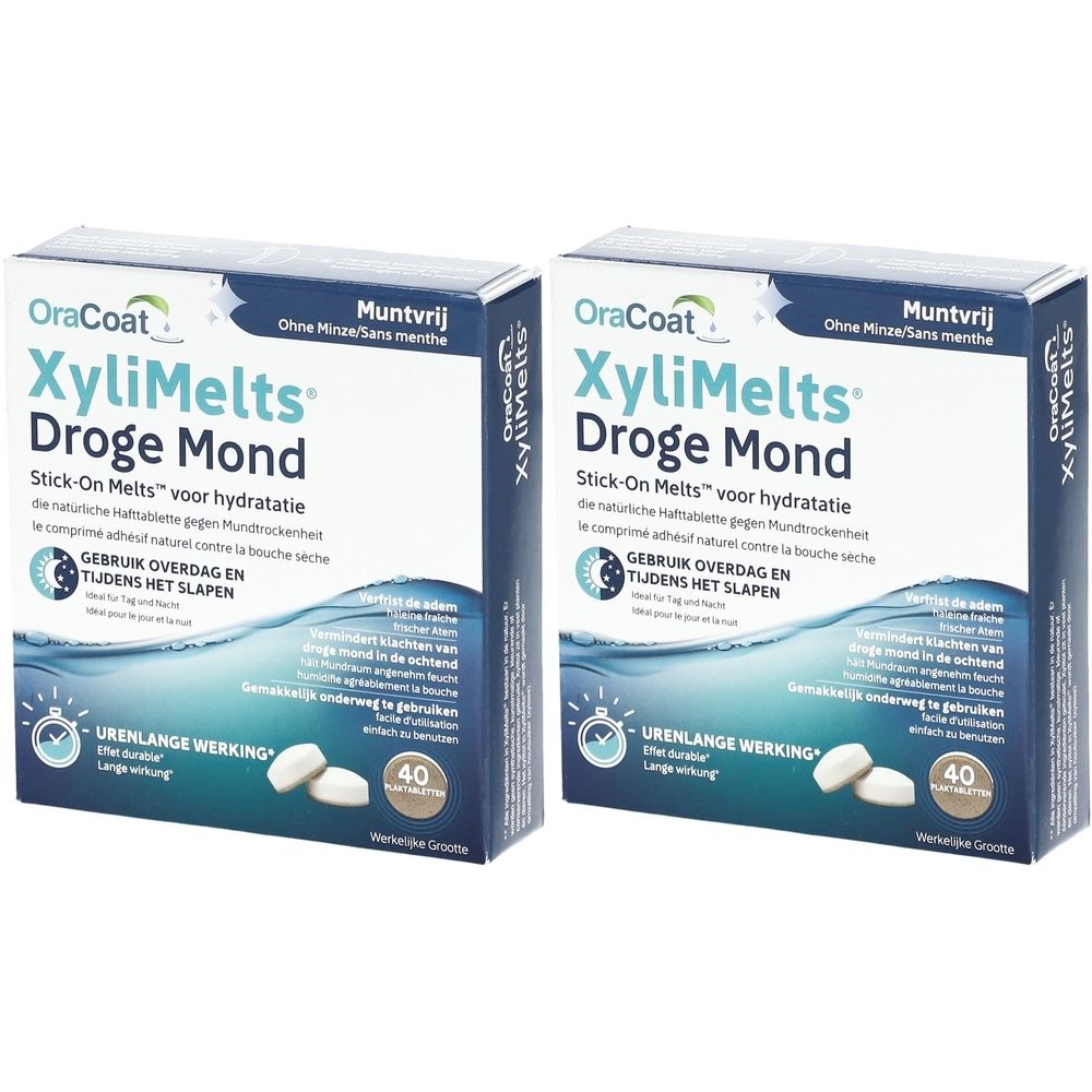 Twee dozen XyliMelts. Opschrift: Droge Mond, Stick-On Melts. Bevat 40 tabletten. Blauw en witte verpakking.