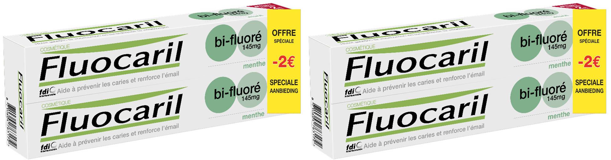 Deux boîtes de dentifrice Fluocaril. Inscription "bi-fluoré 145mg". Étiquette jaune avec "-2€" en promotion.