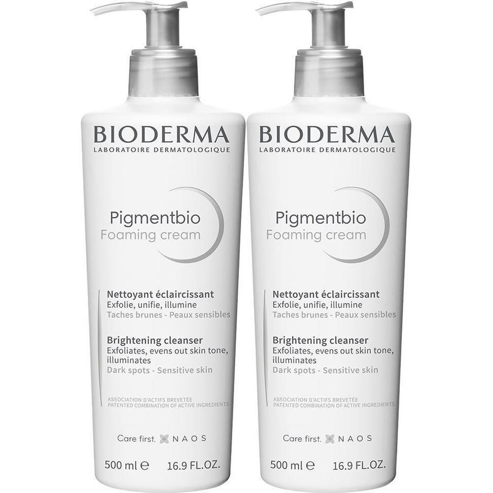 Deux flacons blancs avec pompe. Inscription: BIODERMA, Pigmentbio, Foaming cream. Texte: Nettoyant éclaircissant, Brightening cleanser.