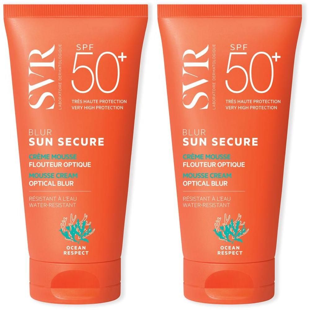 Twee tubes SVR Sun Secure Blur LSF50+. Oranje verpakking met witte tekst. Bevat SPF 50+ en "Blur Sun Secure".