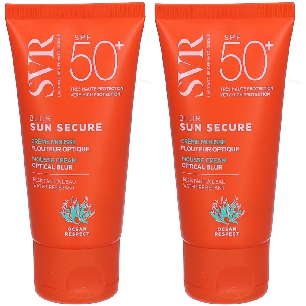 Deux tubes de SVR Sun Secure Blur LSF50+. Emballage orange avec texte blanc. Contient SPF 50+ et "Blur Sun Secure".