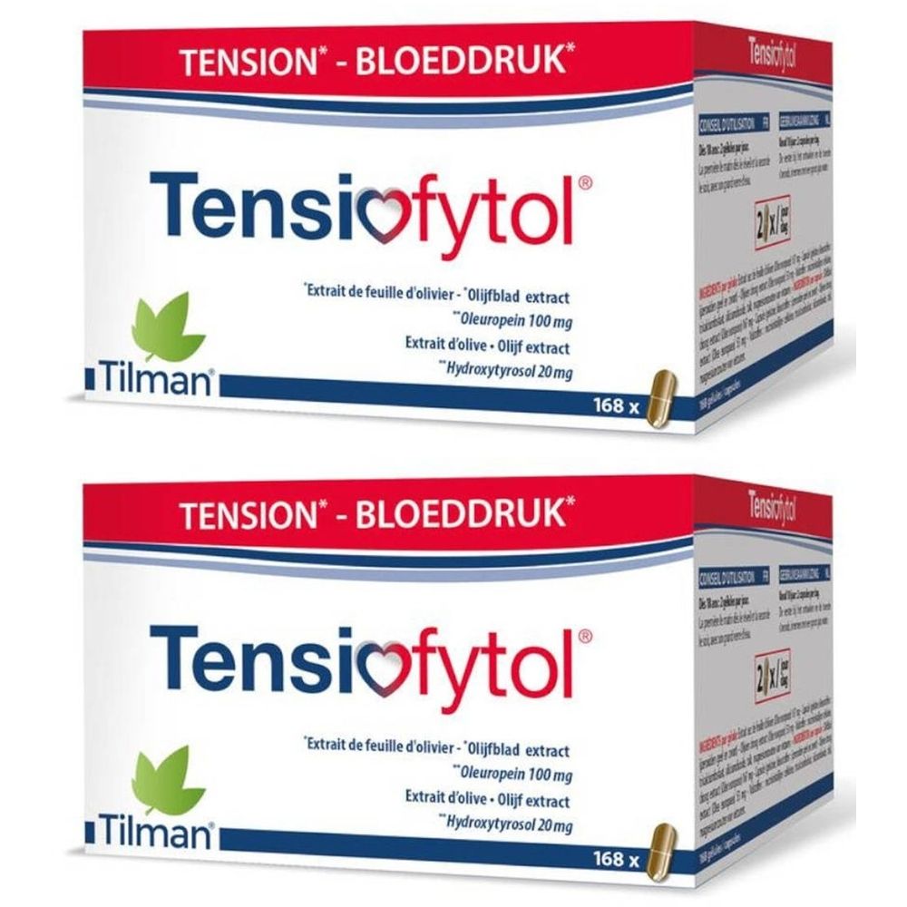 Twee dozen Tensiofytol. Opschrift: TENSION - BLOEDDRUK. Bevat 168 capsules. Merk: Tilman.