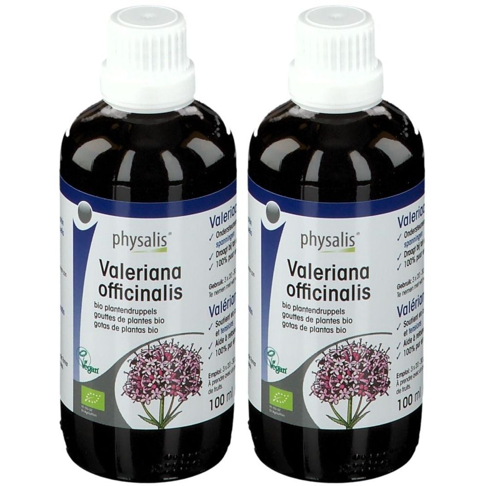 Twee flessen met witte dop en blauw etiket. Opschrift: physalis Valeriana officinalis. Bio plantendruppels. 100 ml.
