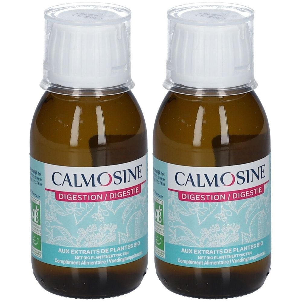 Twee flessen CALMOSINE met witte doppen. Opschrift DIGESTION/DIGESTIE. Met bio plantenextracten.