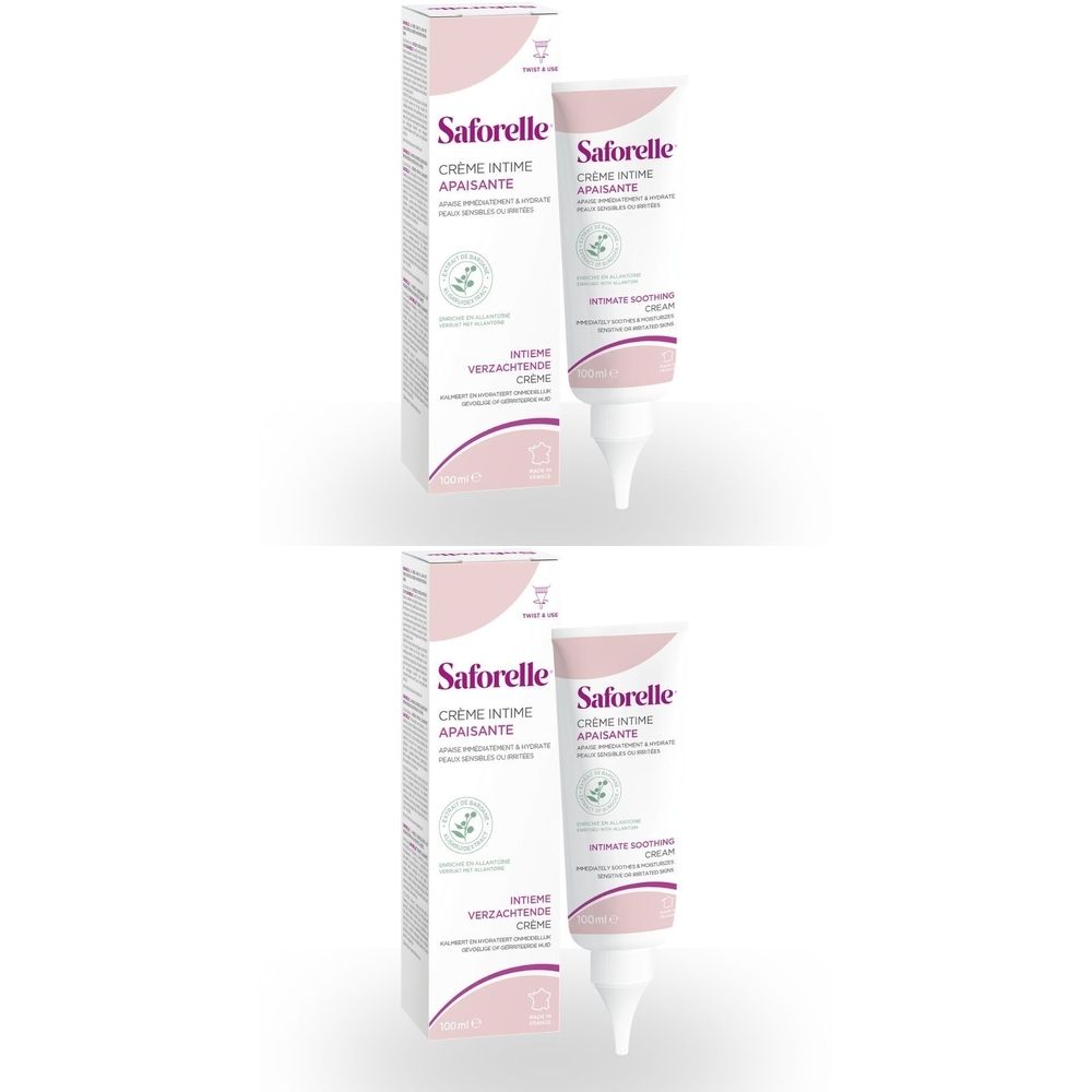 Deux emballages et tubes. Inscription: Saforelle Crème Intime Apaisante. Emballage rose et blanc.
