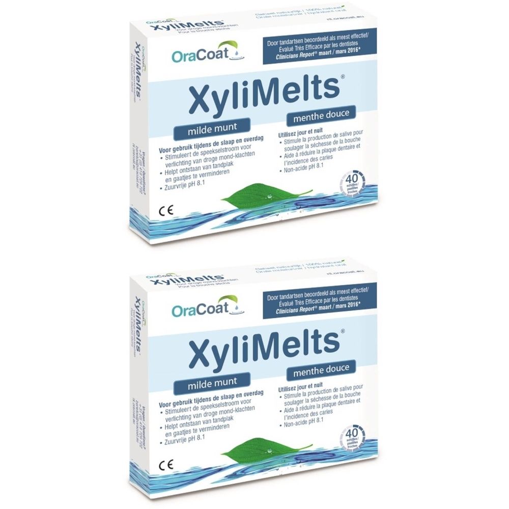 Twee dozen XyliMelts, milde munt. Witte verpakking met blauwe tekst en logo. Bevat 40 tabletten.
