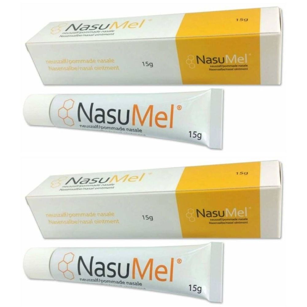 Twee tubes en twee dozen Nasumel. Opschrift NasuMel en 15g. Neutrofil/pommade nasale.