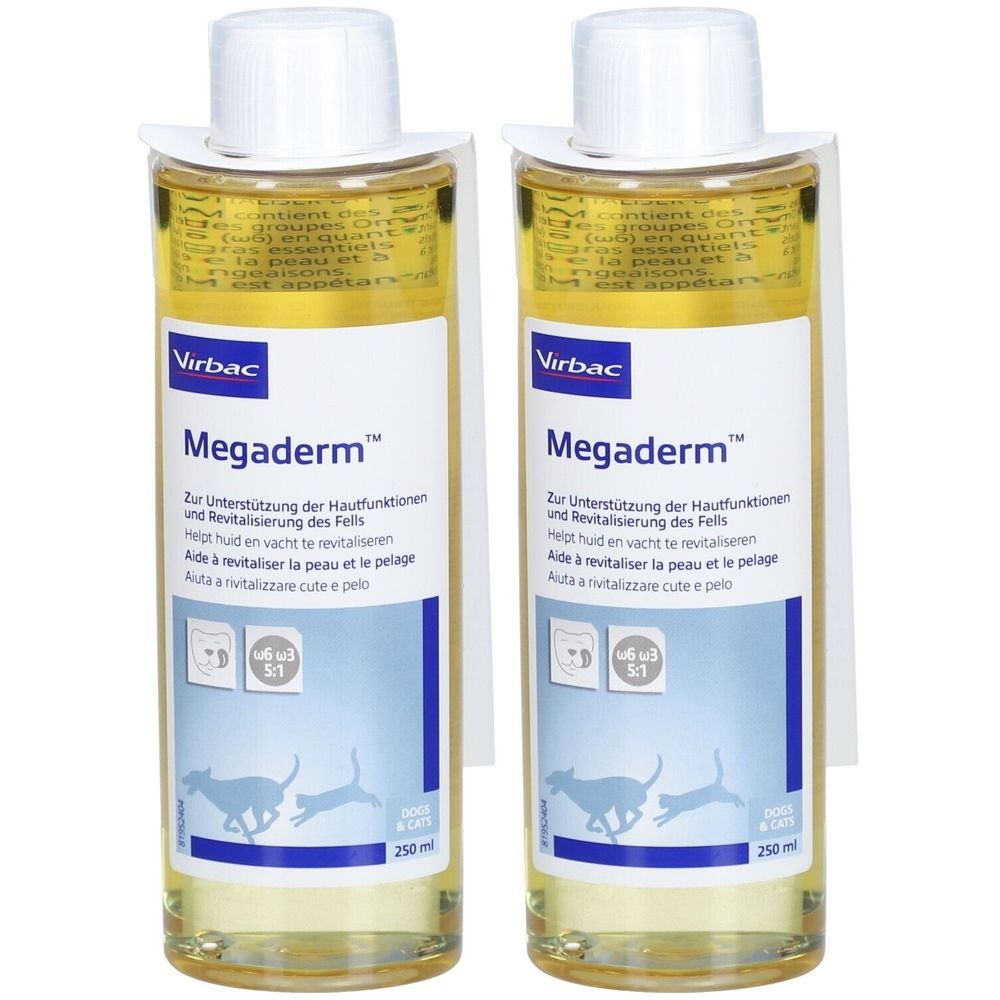Deux flacons de Virbac Megaderm contenant un liquide jaune. Étiquettes montrant des chiens et des chats.