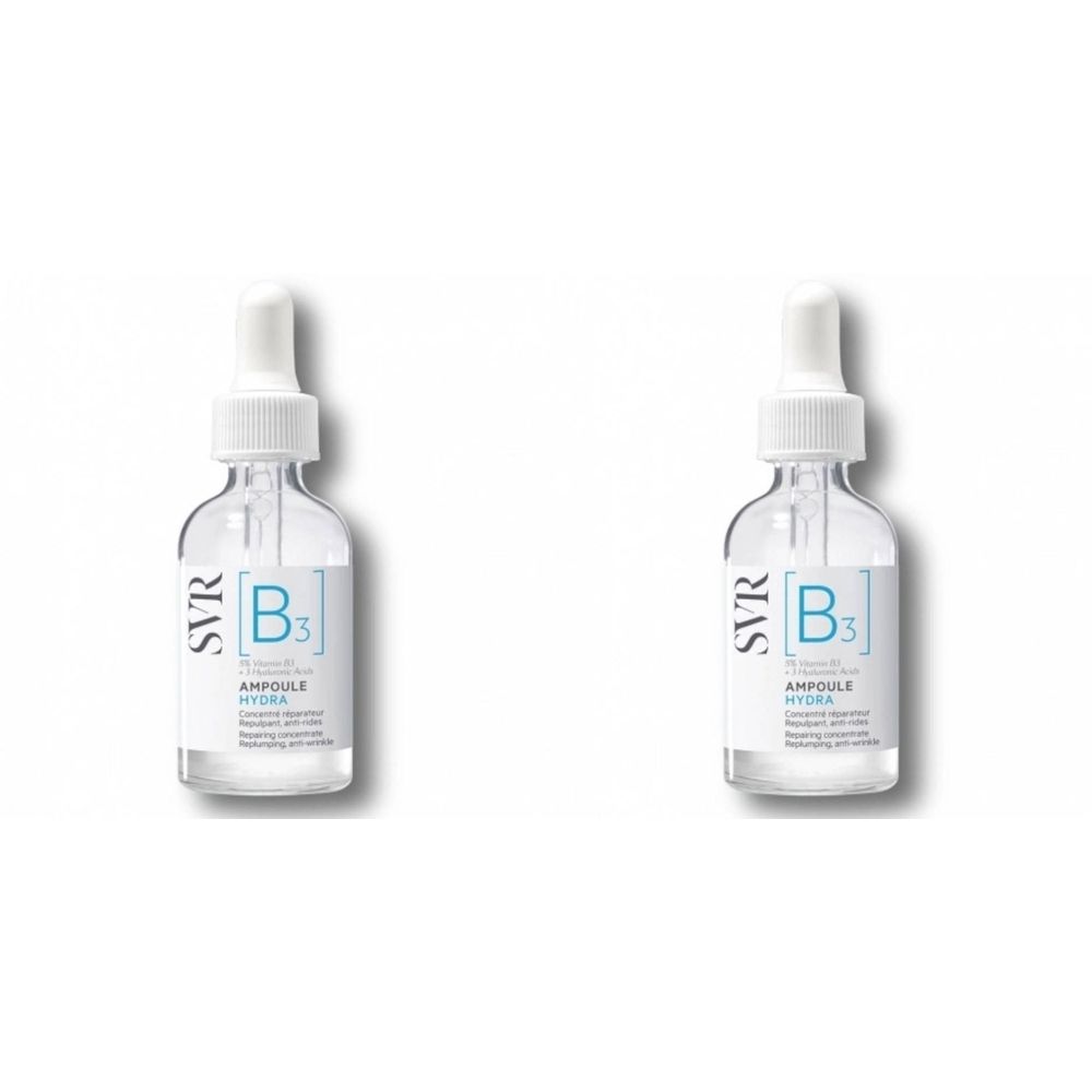 Deux flacons SVR [B3] Ampoule Hydra avec pipette. Flacons en verre transparent avec étiquette blanche et texte bleu. Pipette blanche.