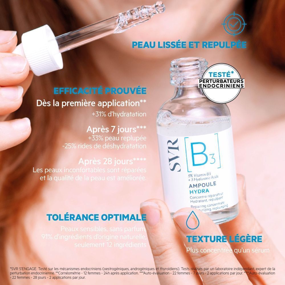 Gros plan d'une Ampoule Hydra SVR [B3]. Des flèches bleues pointent vers les ingrédients et les avantages. Fond bleu.