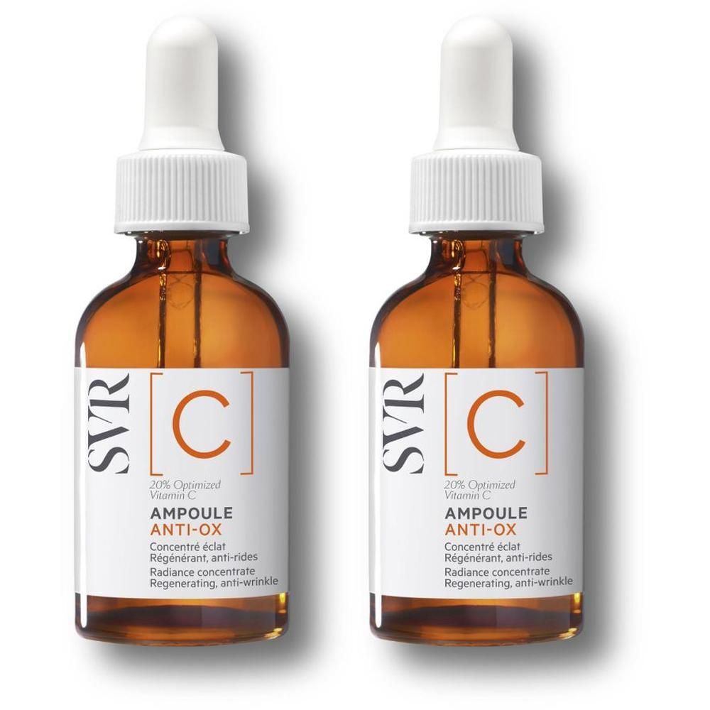 Twee flesjes met bruine vloeistof en witte druppelaar. Etiket: SVR [C] Ampoule Anti-Ox, 20% Vitamine C.