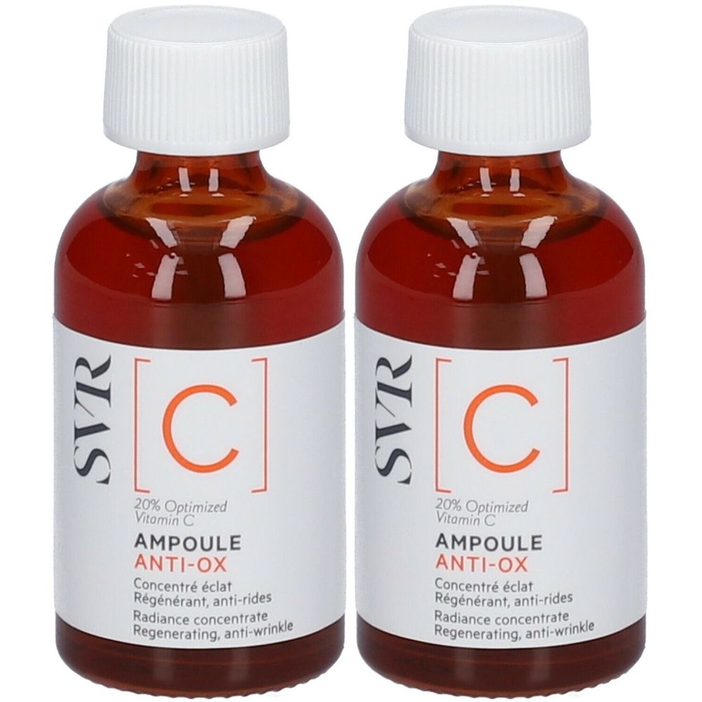 Twee flesjes met bruine vloeistof en witte dop. Etiket: SVR [C] Ampoule Anti-Ox, 20% Vitamine C.
