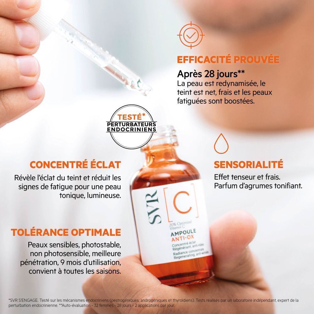 Flesje met bruine vloeistof en druppelaar. Tekst: SVR [C] Ampoule Anti-Ox, 20% Vitamine C. Diagrammen en tekst.