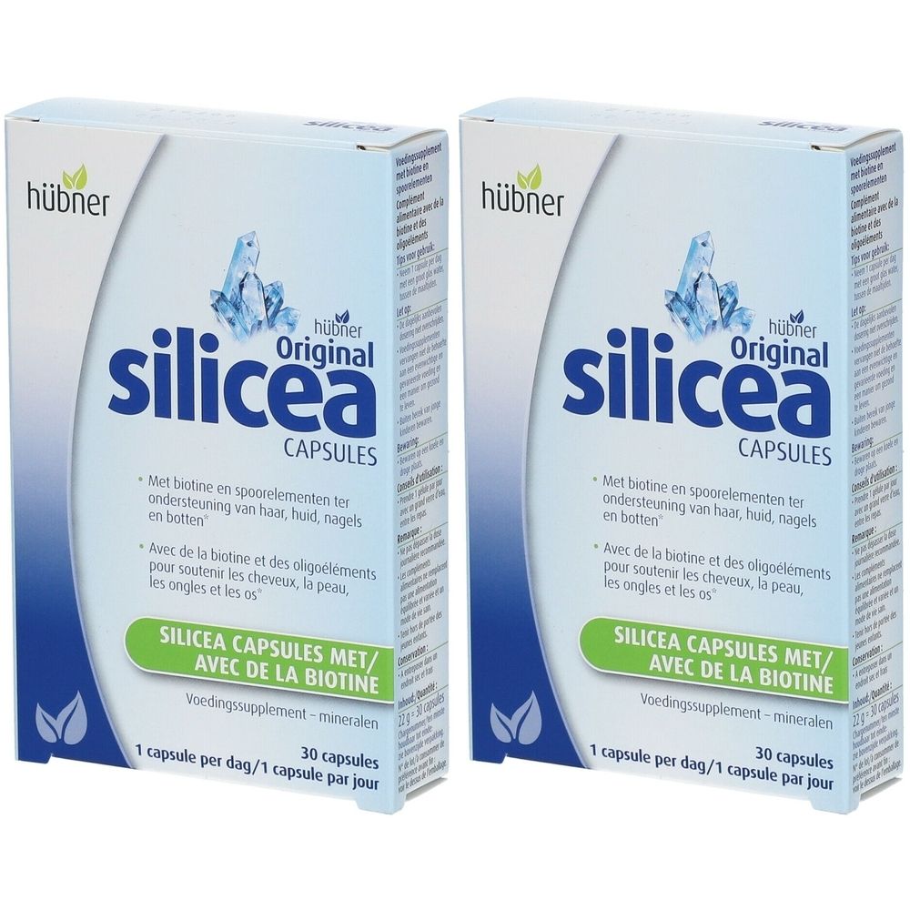 Twee dozen Hübner Original Silicea Capsules. Witte verpakking met blauwe tekst en productinformatie. 30 capsules per doos.