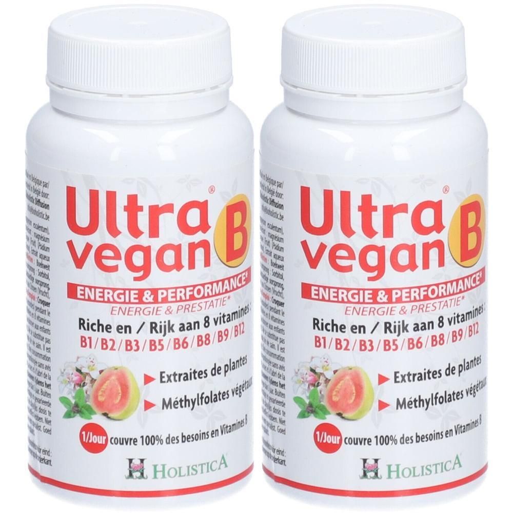 Deux flacons HOLISTICA Ultra vegan B avec vitamines B1-B12, extraits de plantes et méthylfolates.