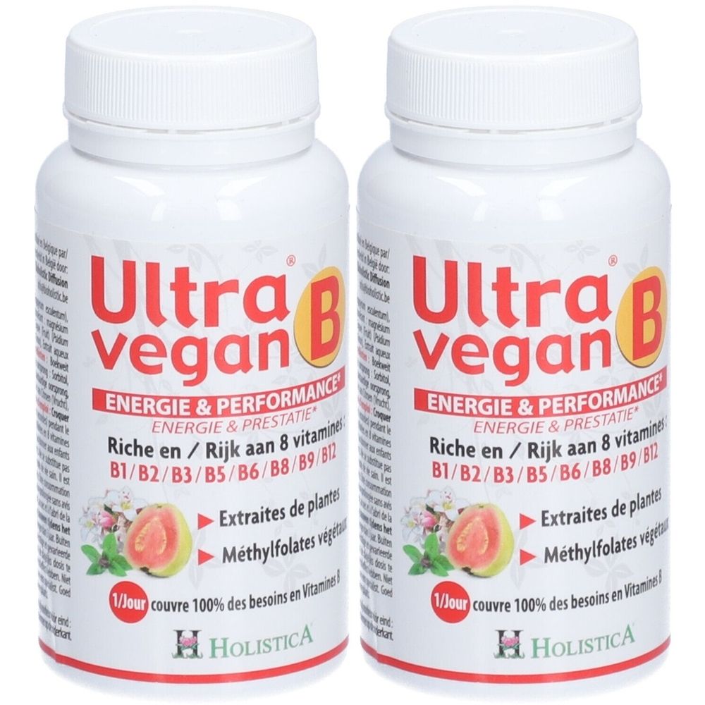 Deux flacons HOLISTICA Ultra vegan B avec vitamines B1-B12, extraits de plantes et méthylfolates.