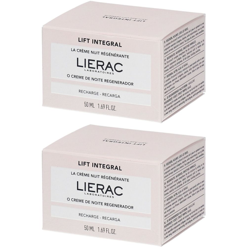 Twee rechthoekige dozen. Opschrift: LIFT INTEGRAL, LIERAC, Crème Nuit Régénérante, 50 ml.