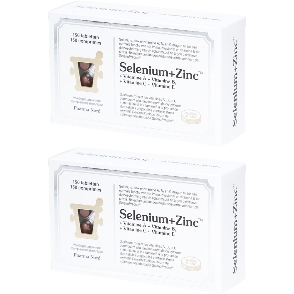 Twee dozen "Selenium+Zinc" voedingssupplement. Opschrift: Vitamine A, B, C, E. Merk: Pharma Nord. 150 tabletten.