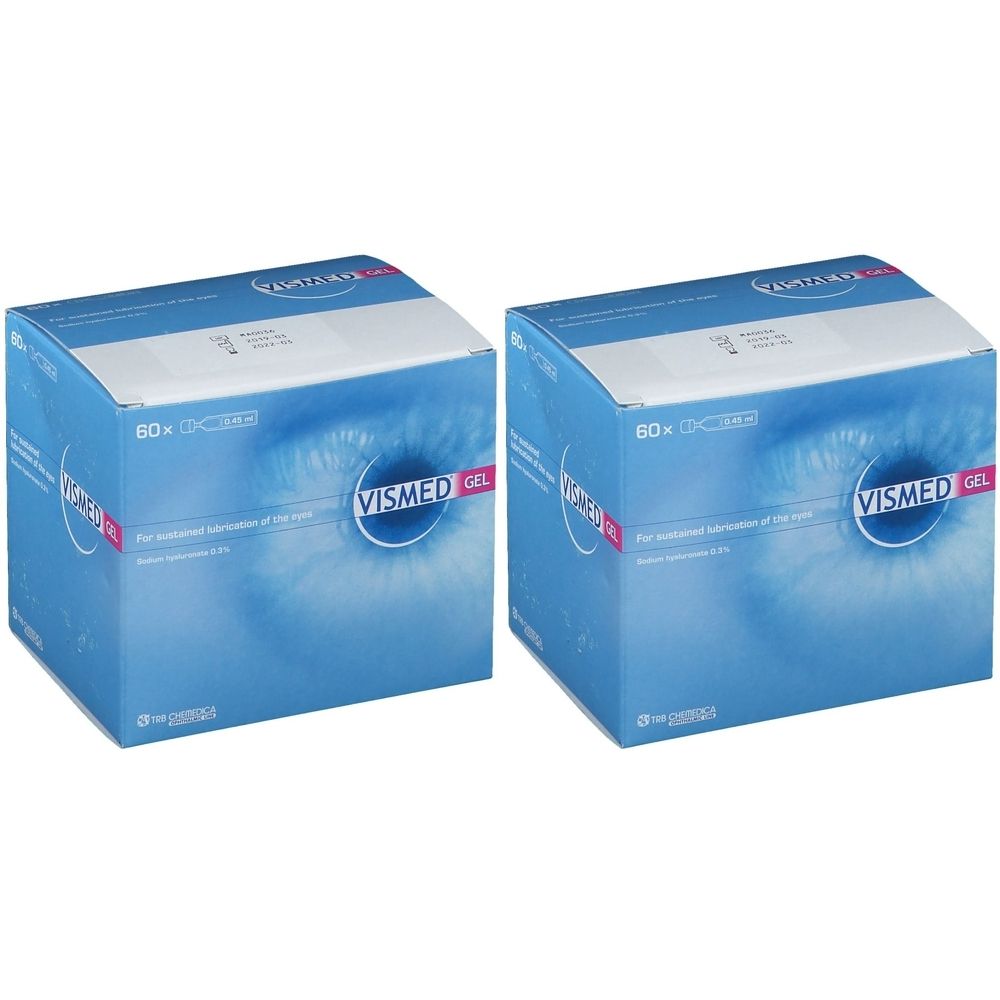 Deux boîtes bleues avec le logo "VISMED GEL". Inscription : "For sustained lubrication of the eye".