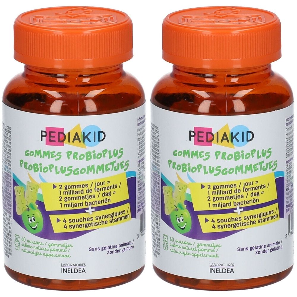 Twee flessen PEDIAKID Gommes Probioplus. Oranje dop, bruine fles met wit etiket. Tekst: Gommes Probioplus, 4 synergetische stammen.