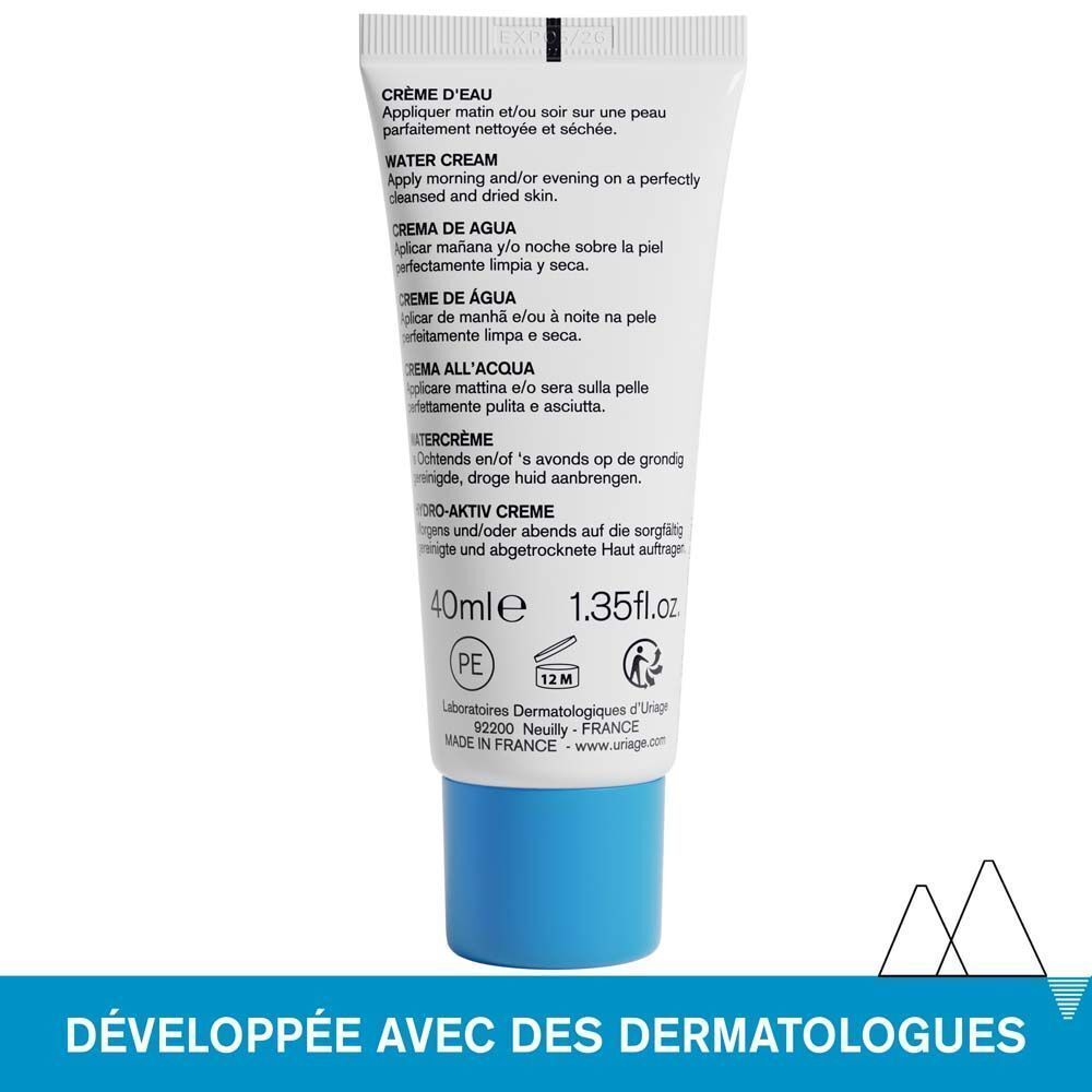 Dos du tube. Texte: Crème d'eau, Water cream. Instructions en plusieurs langues. 40ml. Made in France.