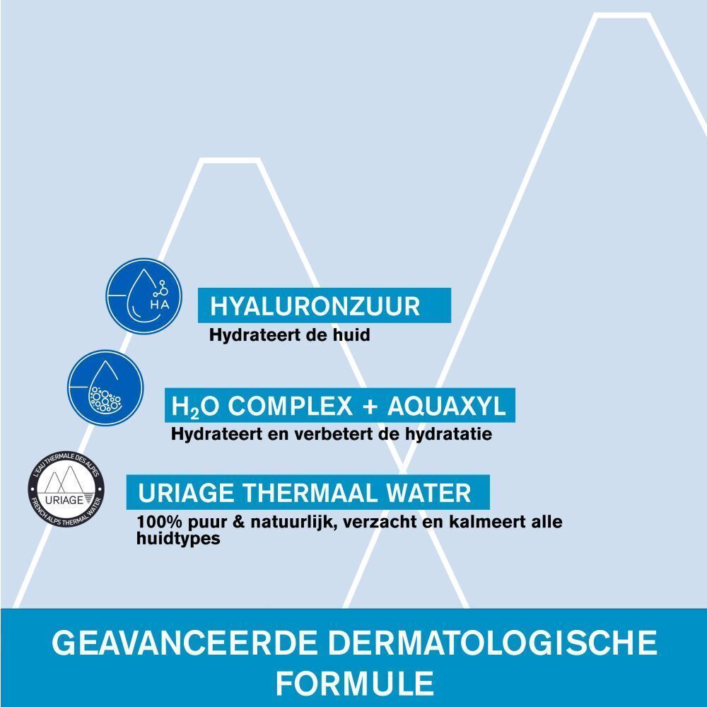 Landschap met bergen en meer. Tekst: Dermatologisch getest, Geschikt voor alle huidtypes, Niet-comedogeen.