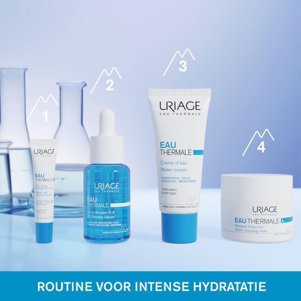 Uriage Eau Thermale Water Cream en verpakking. Wit, blauwe tekst en dop. Tekst: Crème d'eau, Water cream.