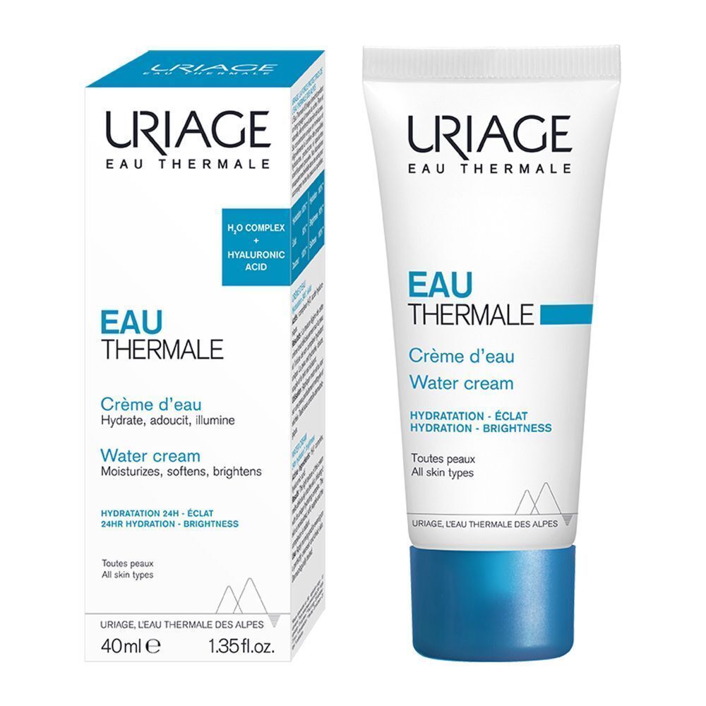Uriage Eau Thermale Water Cream en verpakking. Wit, blauwe tekst en dop. Tekst: Crème d'eau, Water cream.
