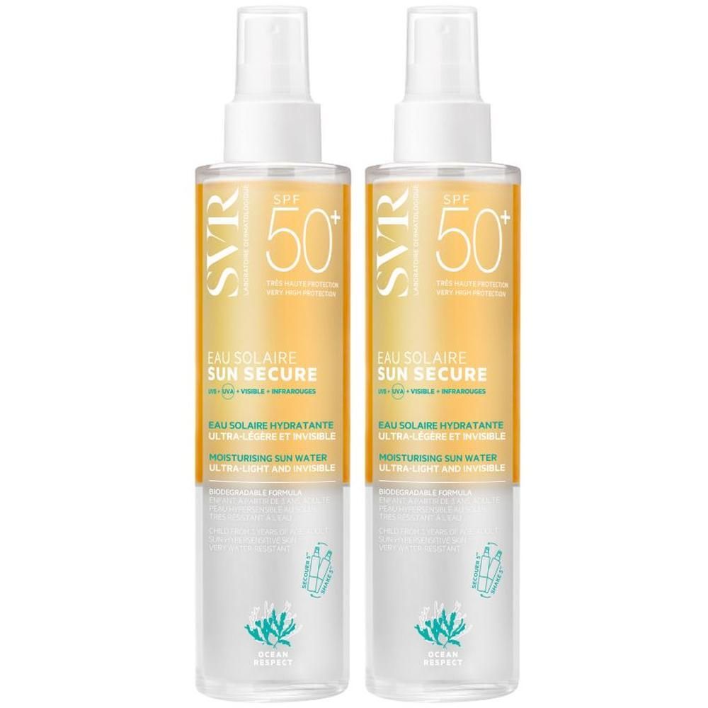 Deux flacons de SVR SUN SECURE Eau de Solaire LSF 50+. Étiquettes jaunes avec texte blanc. Têtes de pulvérisation blanches.