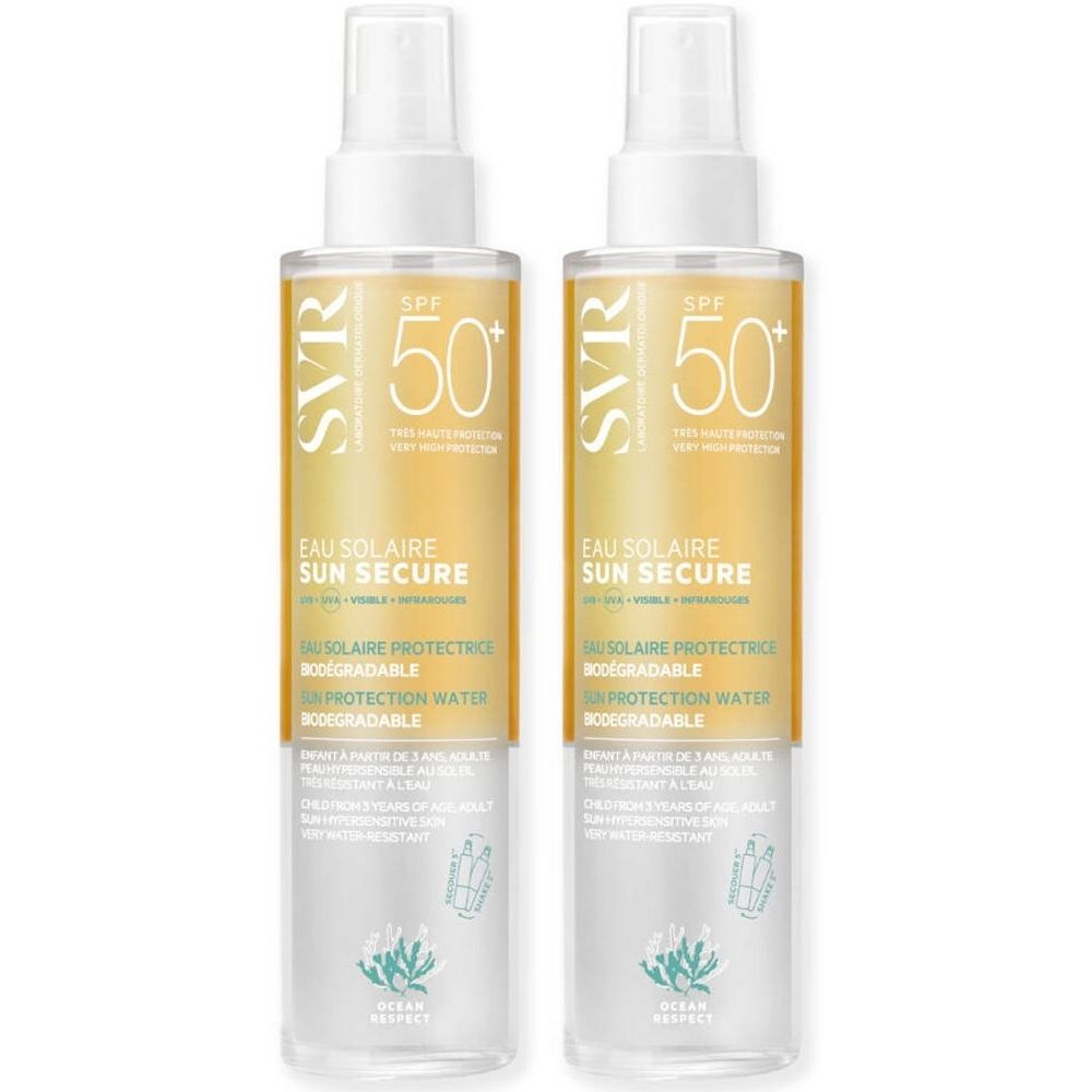 Deux flacons de SVR SUN SECURE Eau de Solaire LSF 50+. Étiquettes jaunes avec texte blanc. Têtes de pulvérisation blanches.