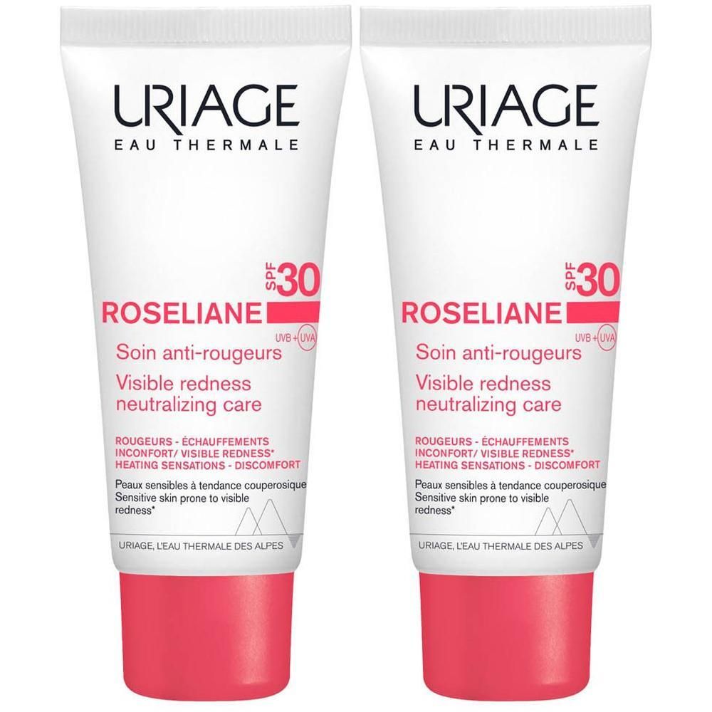 Twee tubes Uriage Roséliane crème, wit met rode dop. Tekst: Roséliane, SPF30.