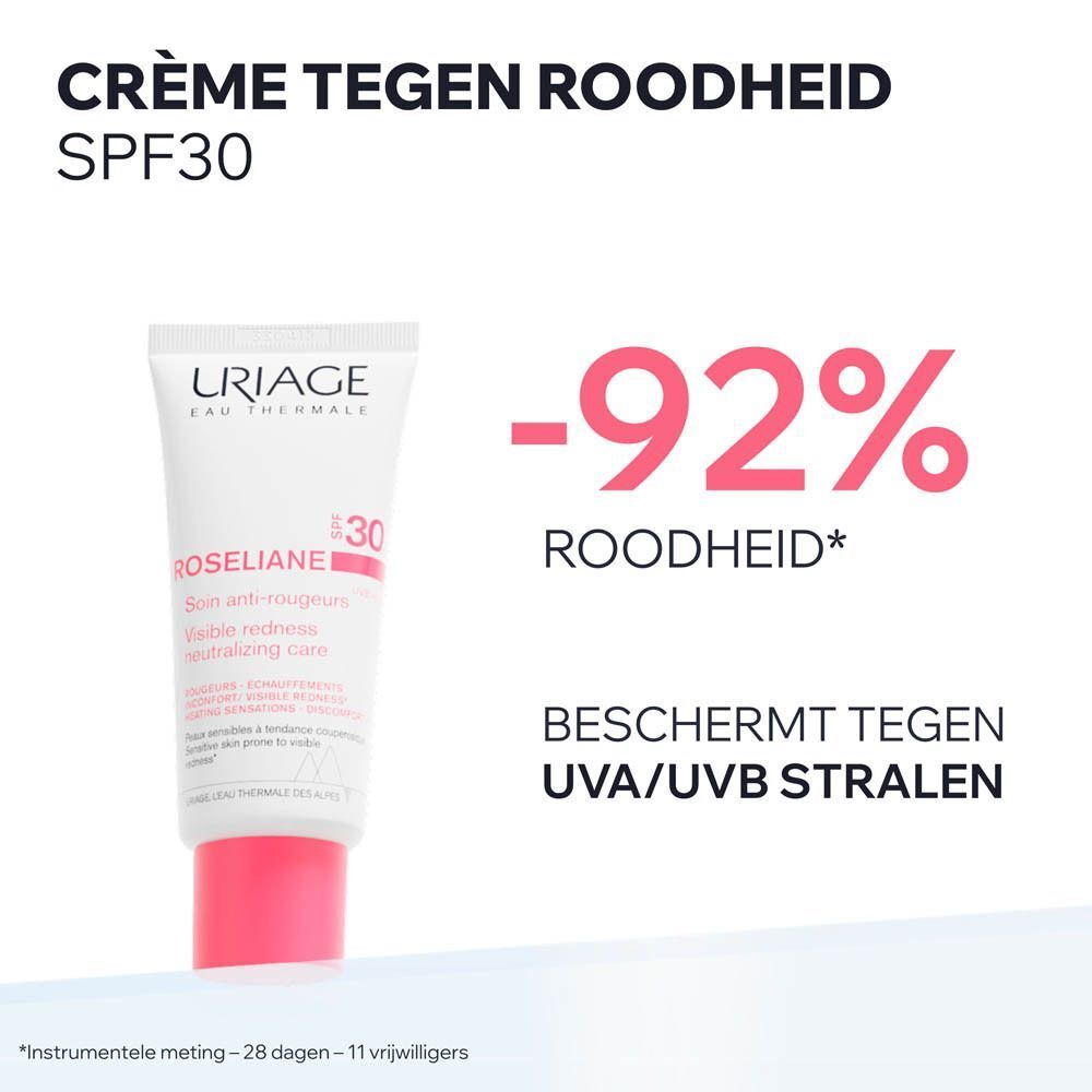 Tube Uriage Roséliane crème, wit met rode dop. Tekst: -92% roodheid, UVA/UVB bescherming.