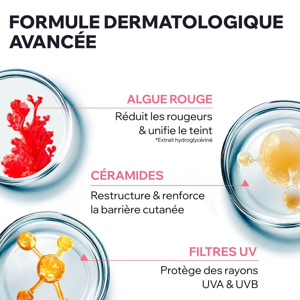 Trois récipients avec ingrédients. Texte: Algue rouge, céramides, filtres UV.