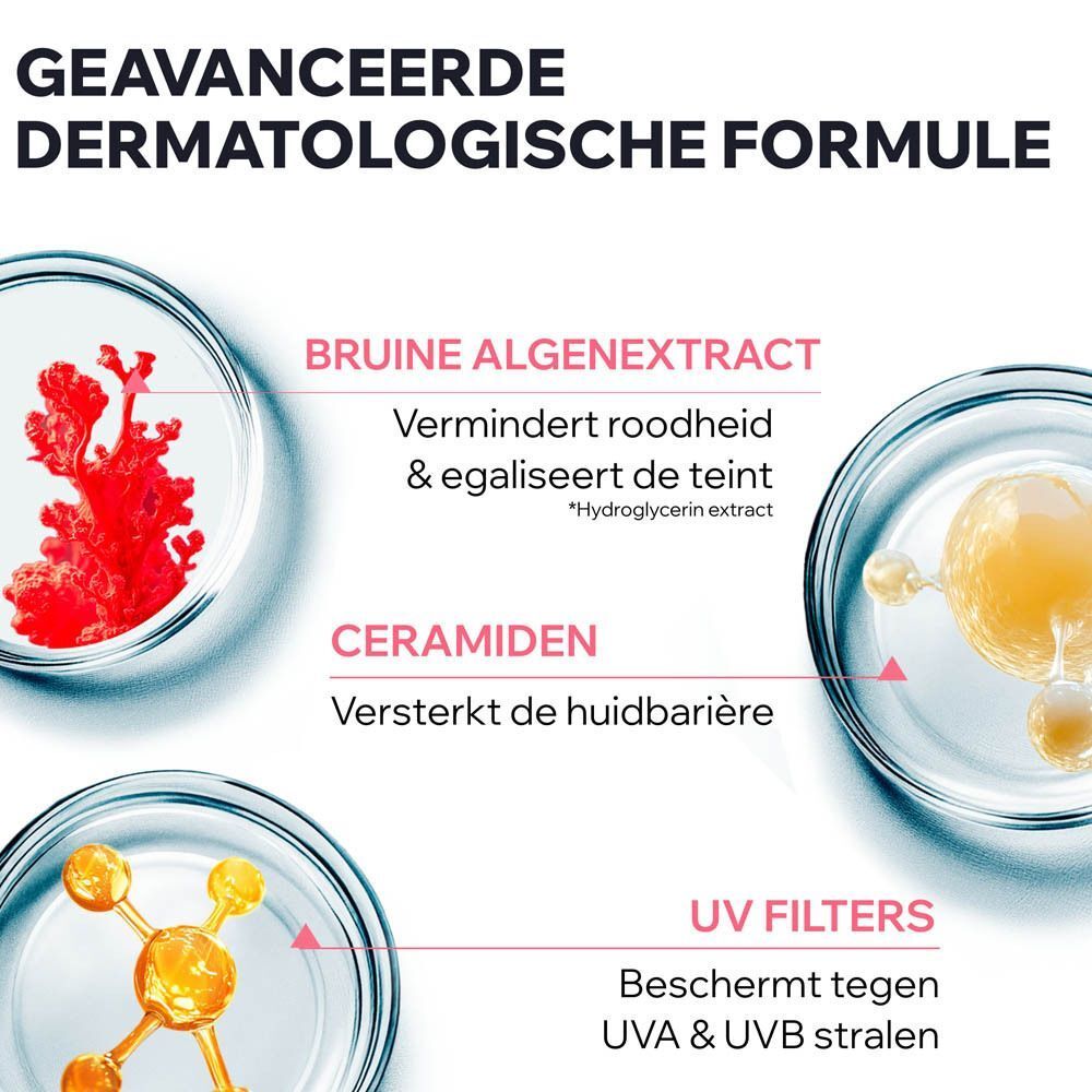 Drie containers met ingrediënten. Tekst: Rode algen, ceramiden, UV-filters.
