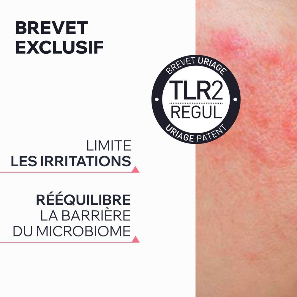 Gros plan d'une zone de peau avec rougeurs. Texte: TLR2 Regul, limite les irritations.
