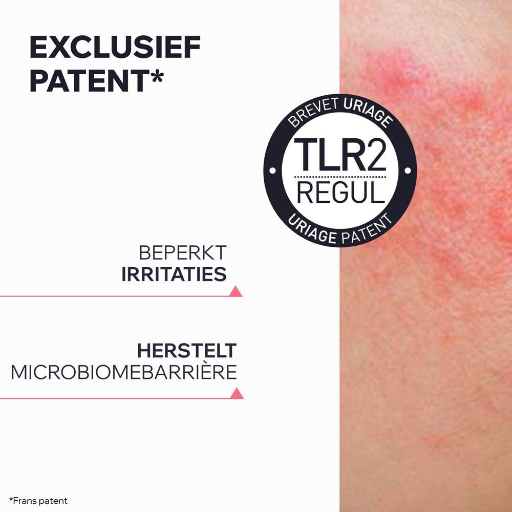 Detail van een huidgedeelte met roodheid. Tekst: TLR2 Regul, beperkt irritaties.