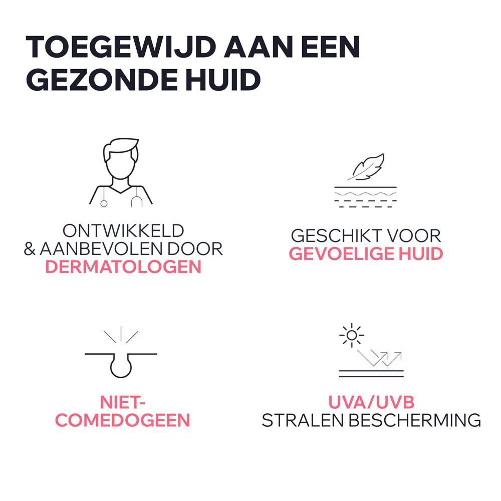 Symbolen: Aanbevolen door dermatologen, gevoelige huid, niet-comedogeen, UVA/UVB bescherming.