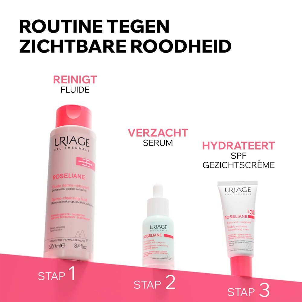 Drie producten: Reinigingsfluid, serum, gezichtscrème SPF. Tekst: Roséliane.