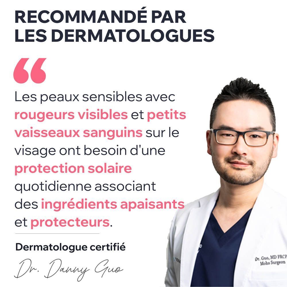 Un homme en blouse blanche. Texte: Dermatologue recommande protection solaire pour rougeurs.