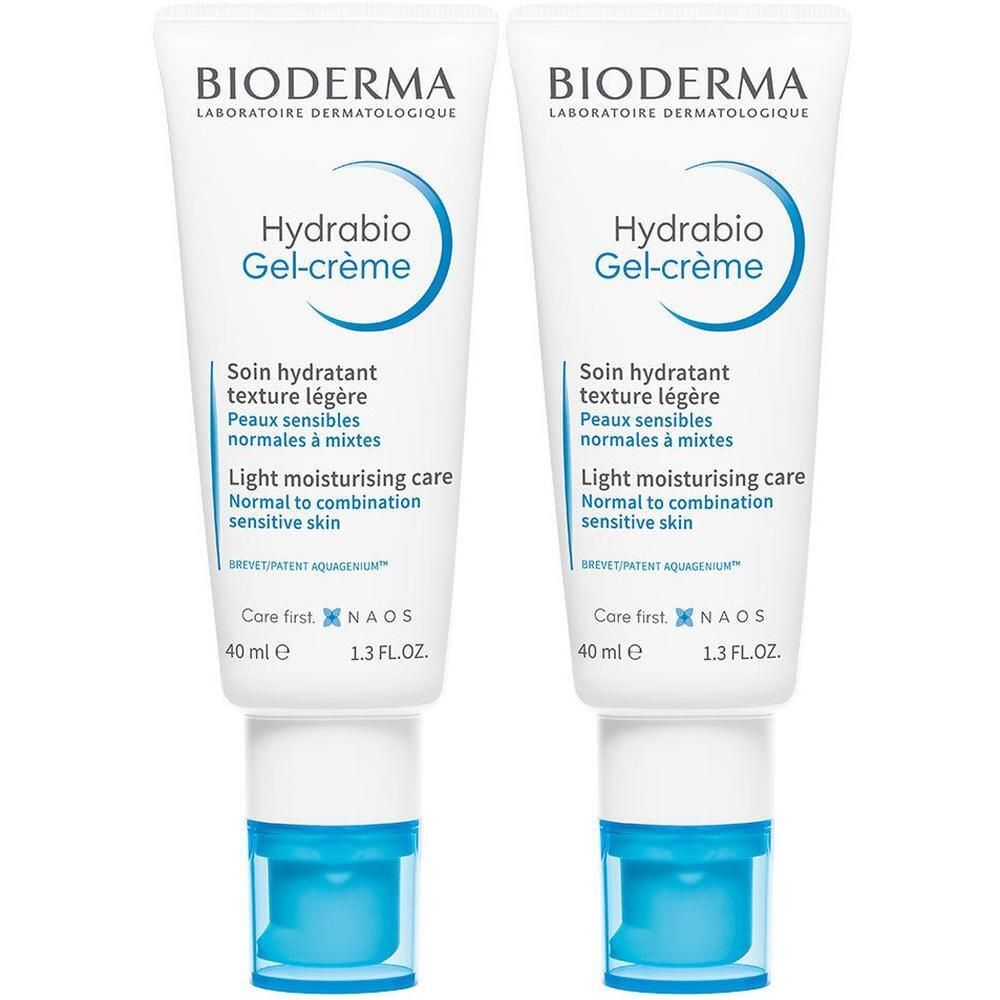 Deux tubes de Bioderma Hydrabio Gel-Crème. Tubes blancs avec détails bleus et texte. 40 ml.