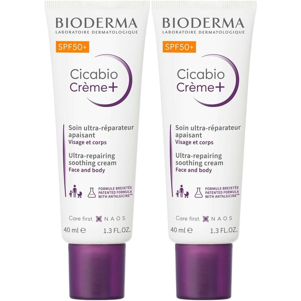 Deux tubes de Bioderma Cicabio Crème+ SPF50+. Blanc, accents violets. Texte: SPF50+, Cicabio Crème+, 40 ml.