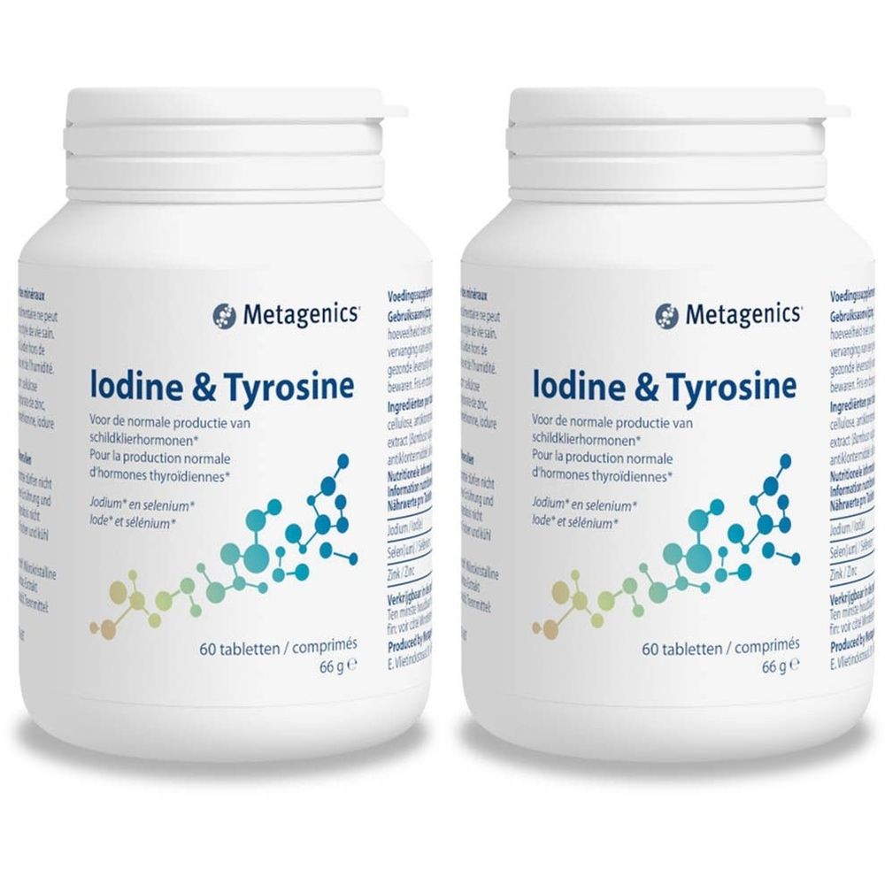 Twee witte flessen met de tekst "Iodine & Tyrosine". Merk "Metagenics". Elke fles bevat 60 tabletten.