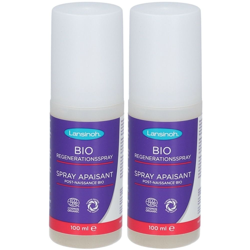Deux flacons de spray avec bouchon blanc et étiquette violette. Inscription: BIO, Spray apaisant post-naissance bio. 100 ml.
